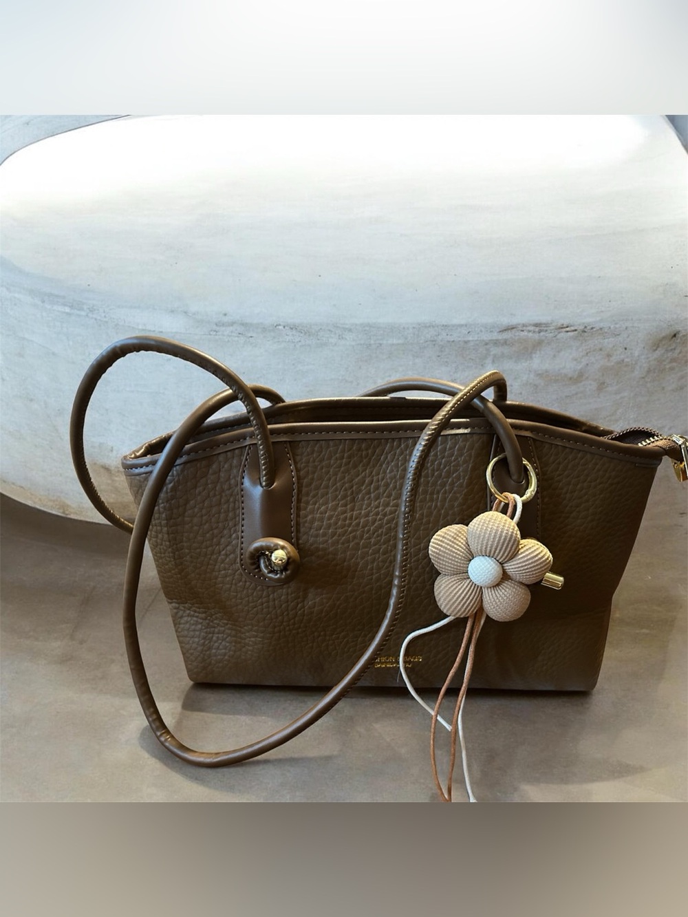 Pebbled Leather Brown Tote with Floral Charm